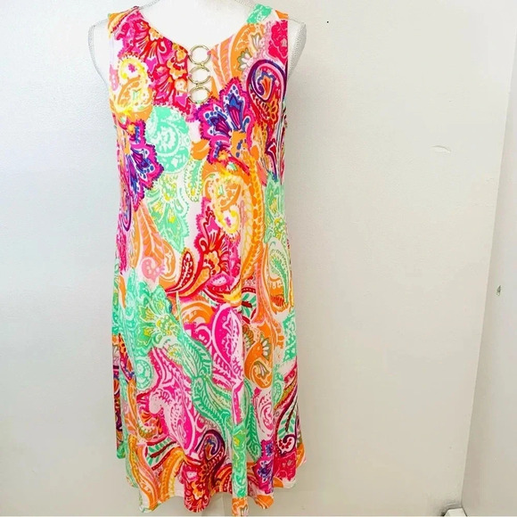 MSK Tropical Dress Small Pink Print A Line Above Knee  Stretch Knit Key Hole - Picture 1 of 11